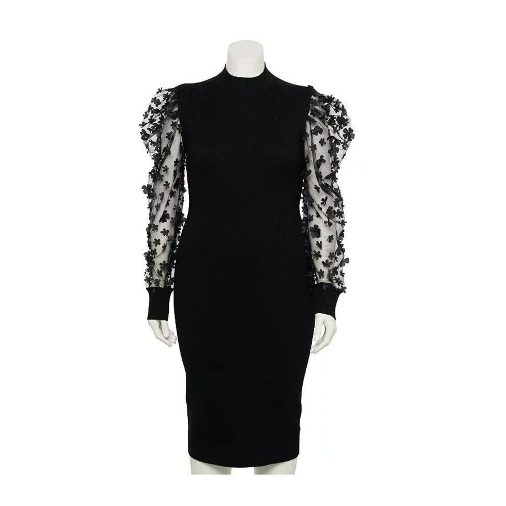 Almost Famous Black Dress Stretch below‎ Knee Sheer Floral Sleeves Size M/L